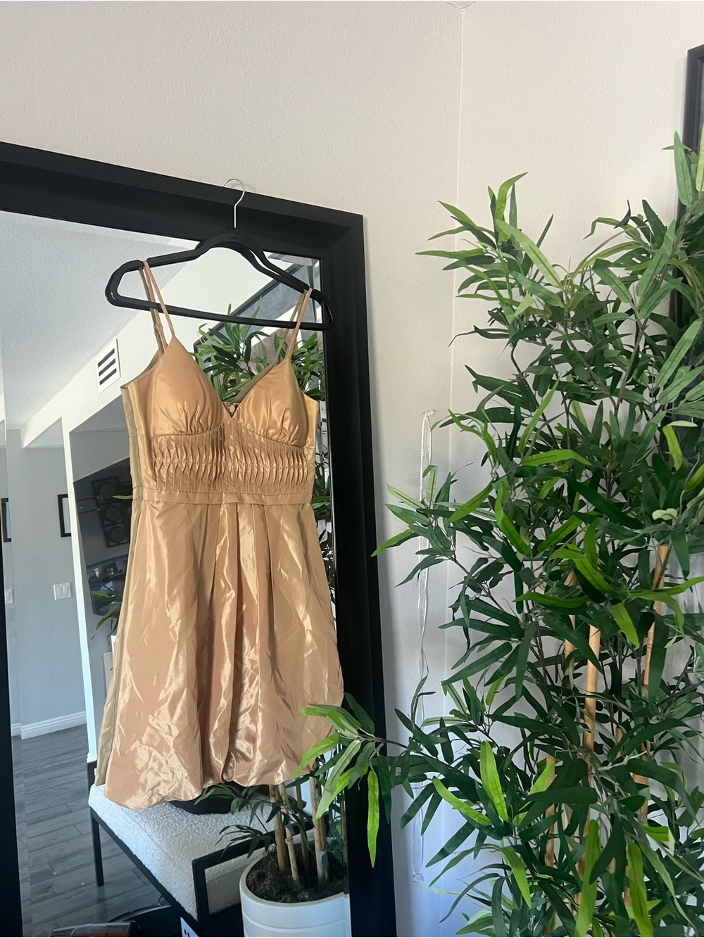 BCBG Gold Satin Spaghetti-Strap Slip Dress